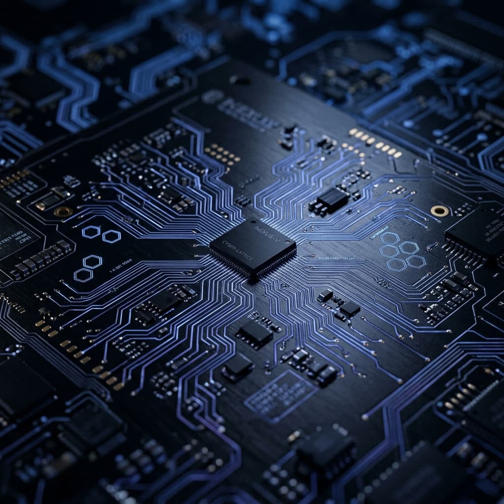 Futuristic dark metal circuit board texture representing digital engineering origin