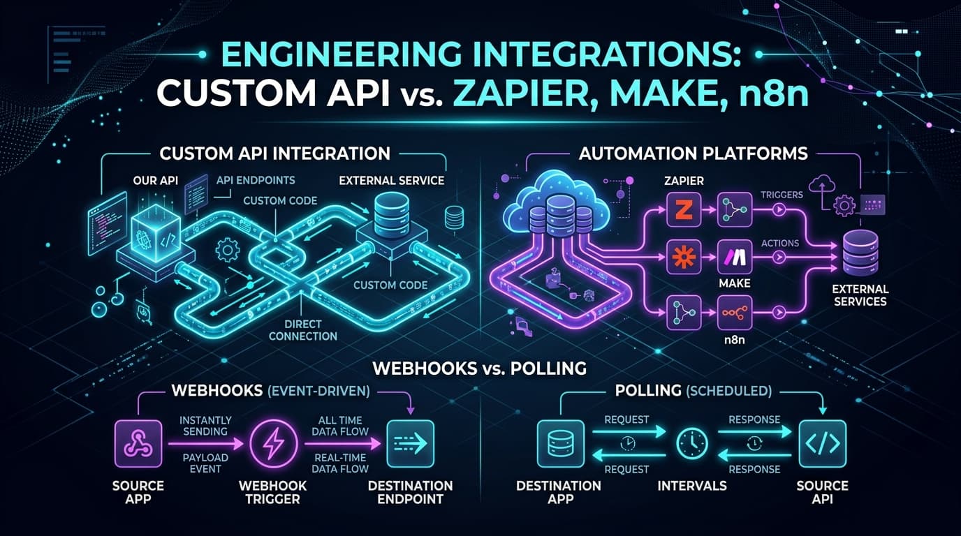 Architecture diagram comparing Custom API Integration vs Zapier, Make, and n8n alongside Webhooks vs Polling data synchronization mechanisms