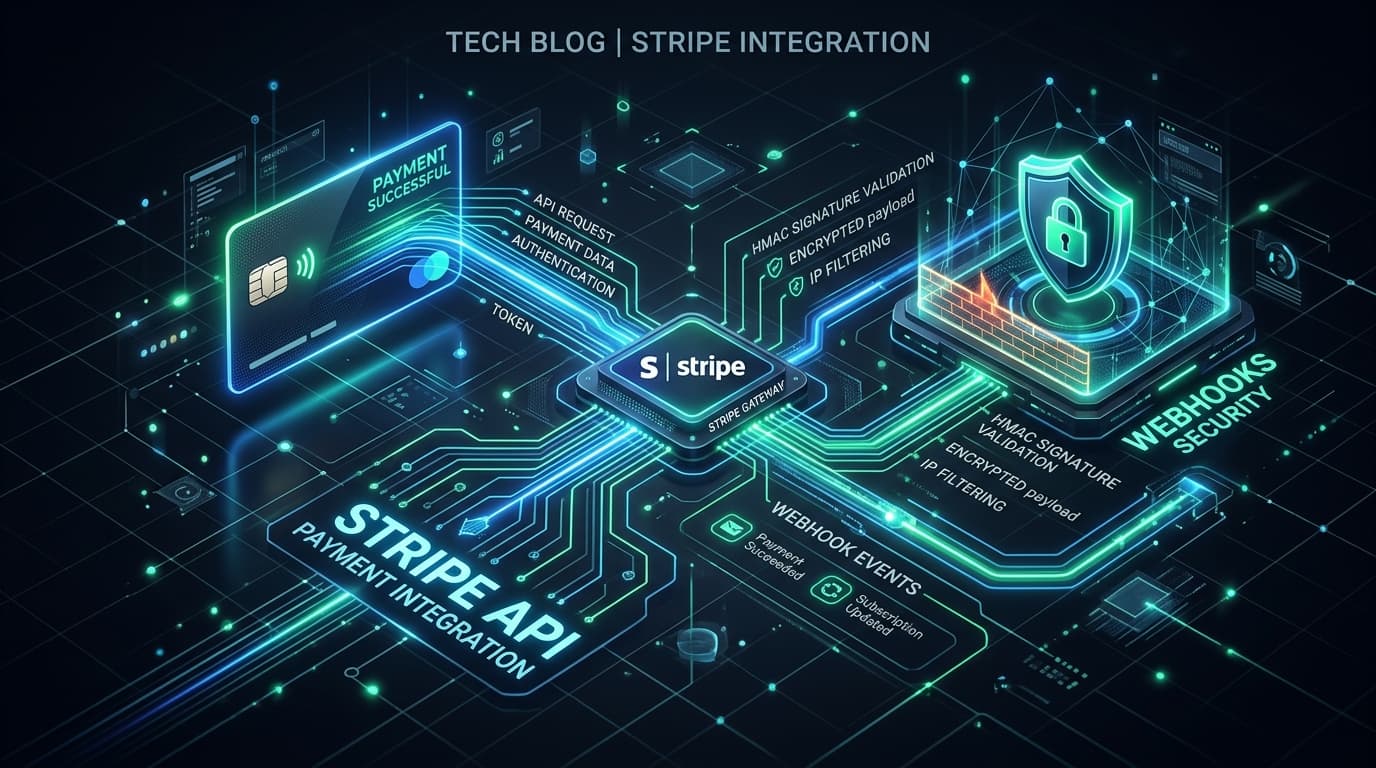 Stripe API integration architecture diagram showing payment webhook processing, idempotency validation, and CRM sync pipeline