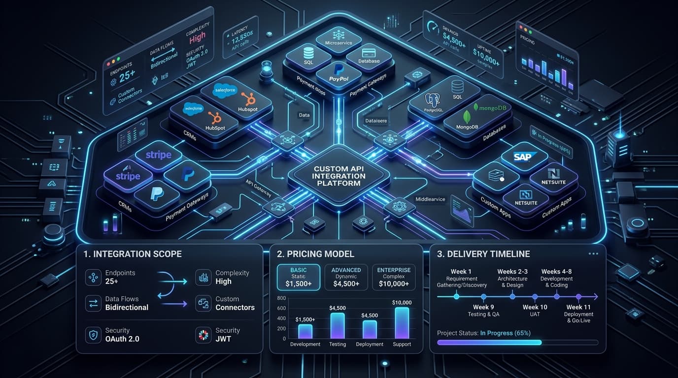 Custom API integration cost breakdown diagram showing scope variables, delivery timelines, and infrastructure budgeting